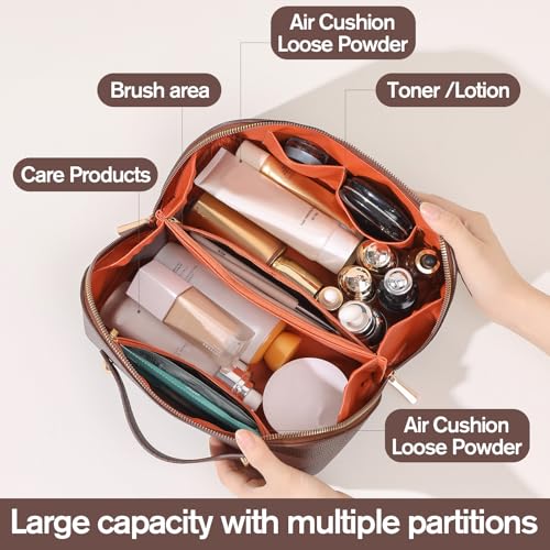 Structured Leather Makeup Bag for Women, Wide Opening Travel Cosmetic Case, Large Capacity Box Style Toiletry Organizer with Brush Compartment, Brown(Brown, Lychee Grain)