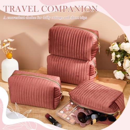 6 Pieces Plush Velvet Cosmetic Bags with Gold Zipper Terry Quilted Makeup Bag Coquette Toiletry Organizer Bridesmaid Proposal Gifts for Wedding Bachelorette Party(Pink)