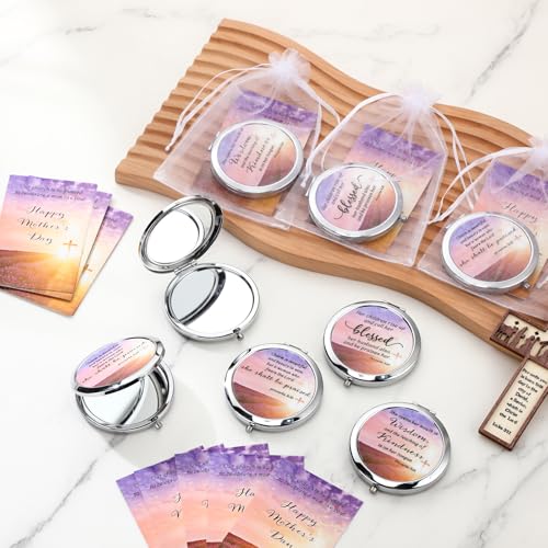 12 Sets Mother's Day Church Gifts Bulk Christian Compact Makeup Mirror Bible Verse Round Pocket Mirror with Gift Cards Organza Bags for Women (3 Style)