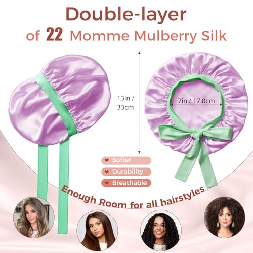 Double-Layer Mulberry Silk Bonnet for Sleeping Women 22 Momme 6A with Adjustable Ties, 13 Inch Anti-Frizz Sleep Hair Bonnet for Hair Protection, Includes Silk Scrunchie, Purple