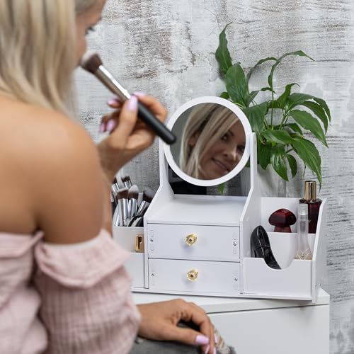 Wooden Makeup Organizer ? Countertop Makeup Organizers with Mirror, Drawers ? Cosmetic Organizer for Brushes, Skincare ? Elegant Make Up Storage Holder for Vanity, Bathroom, Dresser