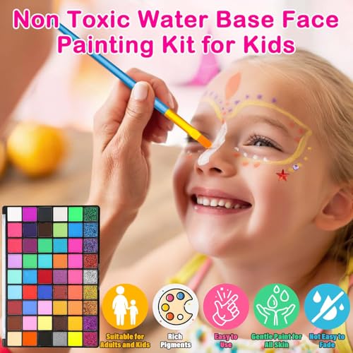 Professional Face Painting Kit for Kids and Adults ? 54 Color Water Activated Cosplay Makeup Kit, Non-Toxic Body Paint with Stencils, Gems, Brushes? for Halloween FX, Bday Parties, School Event