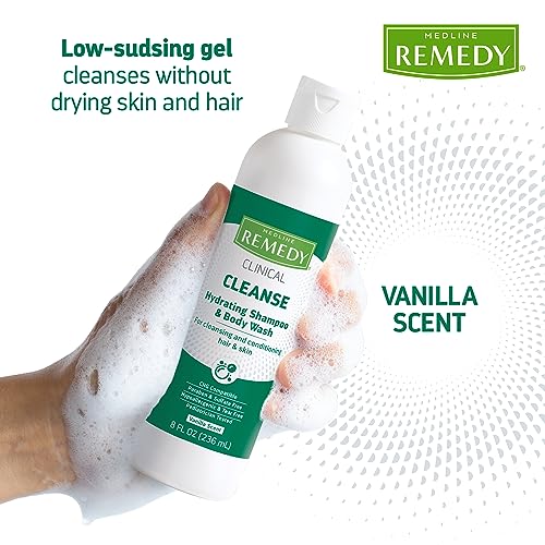 Medline Remedy Clinical Hydrating Shampoo & Body Wash (8 fl oz), 12 Count, Vanilla Scent, Cleanser, No-Rinse, Adults, Kids, Shower Or Bedside, Dimethicone, Sulfate Free
