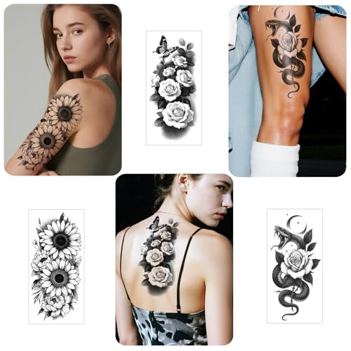 Flowers Temporary Tattoos Adult,92 Sheets Body Art Fake Tattoos Stickers,Rose Tattoos Temporary Realistic for Women Waterproof Long-Lasting