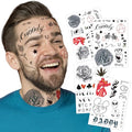 4-Sheet Rapper-Inspired Temporary Tattoos - Face & Body Hip-Hop Tattoo Stickers for Men, Women and Kids - Waterproof Fake Tattoos for Cosplay, Halloween, and Parties