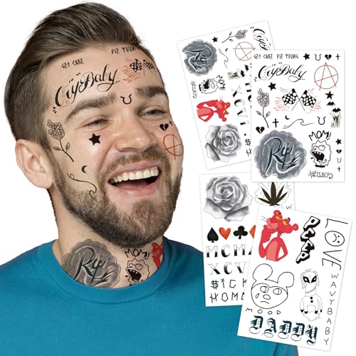 4-Sheet Rapper-Inspired Temporary Tattoos - Face & Body Hip-Hop Tattoo Stickers for Men, Women and Kids - Waterproof Fake Tattoos for Cosplay, Halloween, and Parties