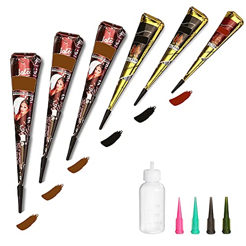 Temporary Tattoos Kit, 6Pcs Semi Permanent Tattoo Paste Cones, India Body DIY Art Painting for Women Men teens, Summer Trend hand Plaste with 3 Colors(1Pc Bottle,4Pcs Nozzles)20Pcs Adhesive Stencil