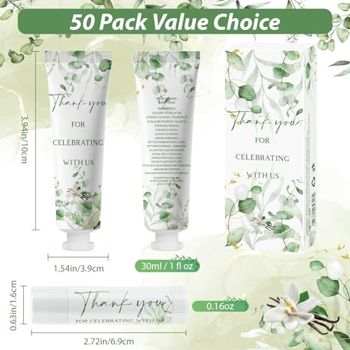 50 Sets Moisturizing Hand Cream Lip Balm Gift Kit for Wedding Return Thank You Welcome Gifts Sage Green Eucalyptus Leaf Theme Baby Shower Birthday Gifts Party Favors Games Prizes Winter Wedding Guests