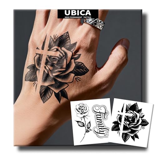 Semi Permanent Tattoo, 2 Sheets Realistic Temporary Hand Tattoos for Women, Lasts 2 Weeks Fake Tattoos for Hand Wrist, Waterproof Non-Reflective, Cross Rose & Rose Quotes Tattoos