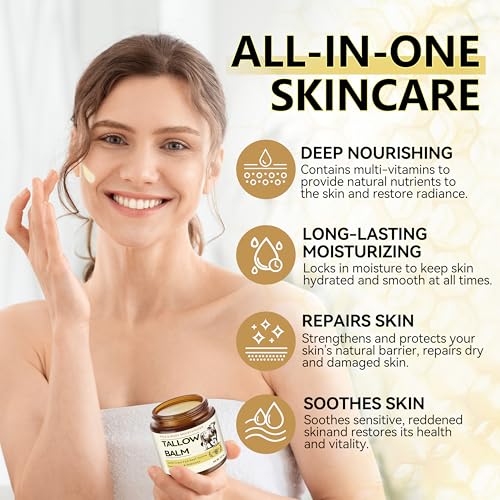 Veakoo Beef Tallow for Skin, 2 Pcs Grass Fed Tallow and Honey Balm, Organic Tallow Face Moisturizer, Natural Moisturizing Cream for Women Men, Body Butter, Nourish and Soothe Dry Skin