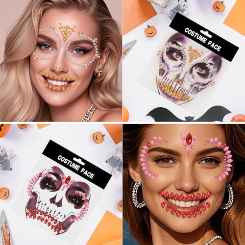 Erythem Skull Face Gems 6 Pack Day of the Dead Face Jewels Crystals Skeleton Face Gems for Halloween Festival Rave Party Makeup