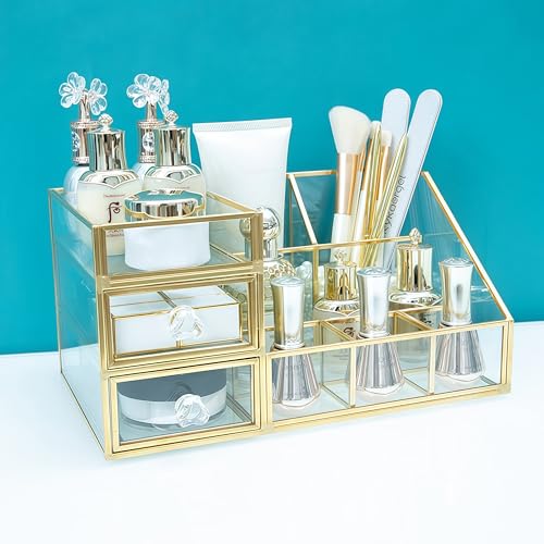 JIARI Glass Makeup Organizer with Drawer, Gold Frame Jewelry Display Box, Nordic Style Cosmetic Storage for Vanity Bathroom Bedroom Office, 10.23x6.29x5.11 Inches (Storage Box-A32)