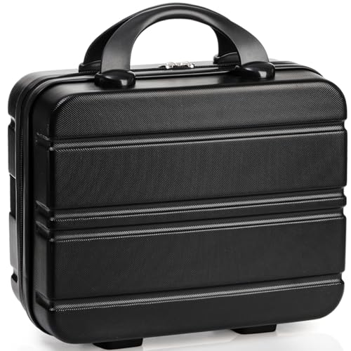 Mini Hard Shell Cosmetic Travel Case, 12 Inch Small Portable Makeup Train Case with Elastic Band Handle, Pressure-proof ABS Carrying Suitcase Toiletry Box for Travel, Camping, Black
