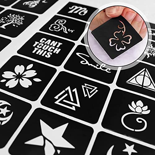 185+pcs Henna Tattoo Stencils, 23 Sheets Temporary Tattoo Stencils for Women Face Body Paint DIY Art Glitter Airbrush Tattoo Stencil Pack