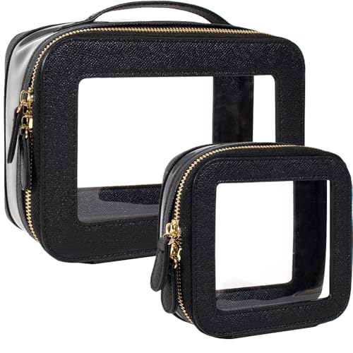 Clear Makeup Bag Set, Small Portable Clear Makeup Bag Cute Waterproof Travel Cosmetic Bag Makeup Pouch TSA Approved Toiletry Bag Women Traveling Car Organizer Car Essentials (Black, Standard + Mini)