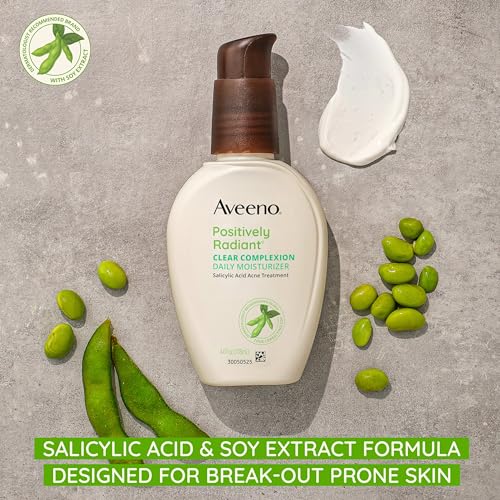 Aveeno Positively Radiant Clear Complexion & Acne Facial Moisturizer with Soy and Salicylic Acid for Oily Skin, Hypoallergenic Formula, Paraben-Free, Non-Comedogenic, Pump, 4 FL OZ, (Pack of 2)