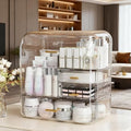 Luxury Makeup Organizer with 3 Drawers & Dustproof Flip Lid, Large Capacity Cosmetic Display Case for Vanity, Clear Countertop Skincare Storage with 6 Lipstick Slots
