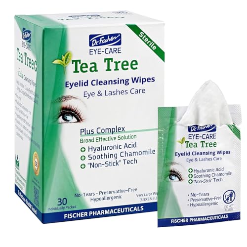 Dr. Fischer Tea Tree Oil Eye Wipes - Eyelid Wipes for Sensitive Eyes with Hyaluronic Acid and Chamomile, Makeup Remover, Daily Cleanser (30 wipes)