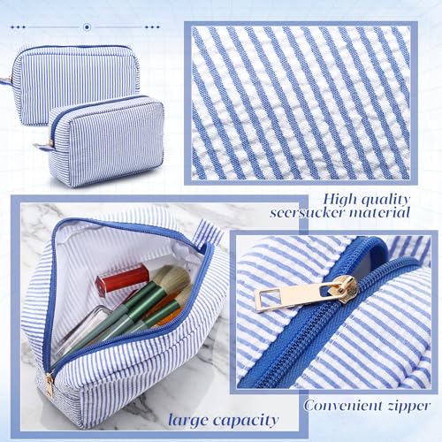 Sanwuta 10 Pcs Seersucker Cosmetic Bag Seersucker Makeup Bag Women Stripe Large Travel Toiletry Organizer Preppy Storage Pouch for Embroidery Wedding Bridesmaid Bride Mom(Sea Blue)