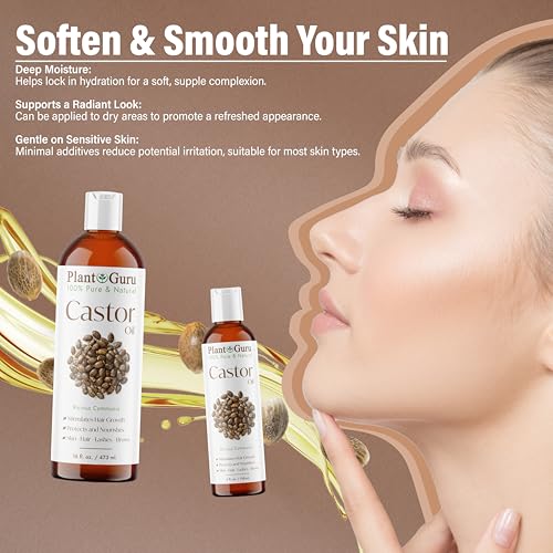 Plant Guru Castor Oil 8 fl. oz. Unrefined, 100% Pure Natural Hexane-Free, USP Grade, Hair Growth, Eyebrows and Eyelashes. Skin, Face and Body Moisturizer.