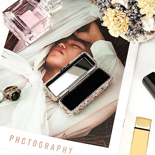 Lipstick Case with Mirror, Rhinestone Crystal Lipstick Organizer for Travel, Portable Bling Diamonds Lip Gloss Storage Holder (Gold)