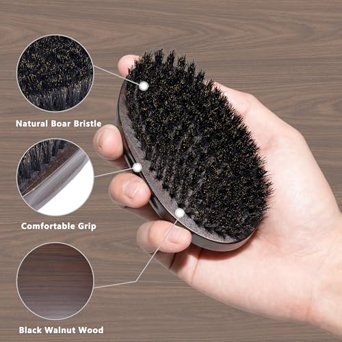 Boar Bristle Beard Brush for Men, Natural Wood Travel Pocket Hair Brush, Grooming Comb for Beards and Mustache (Hat)