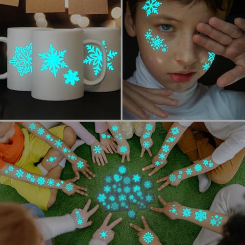 Blue Luminous Snowflake Temporary Tattoos - 74 Individually Sheets White Snowflake Tattoos for Kids Adults Winter Christmas Party Supplies