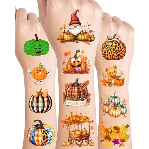 220 Pieces Thanksgiving Pumpkin Temporary Tattoos Stickers,20 Sheets Cute Pumpkin Themed Tattoos Stickers Party Decoration Supplies