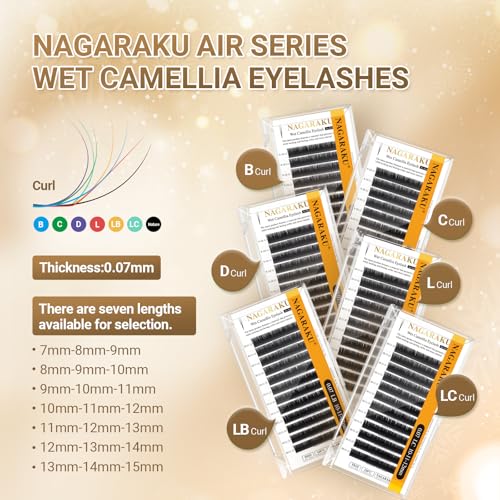 NAGARAKU Wet Camellia Eyelash Extension, Individual Lashes 3 Multi-length Fans Premium Matte Black Natural Pre-Glued Classic Lash Extensions Mega Volume Beauty Salon Supplies - 0.07LC 12-13-14