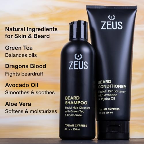 ZEUS Beard Wash Set for Men, Shampoo & Conditioner Duo with Green Tea & Essential Oils, Hydrates, Softens & Strengthens Beard Hair (Made in USA) Sandalwood