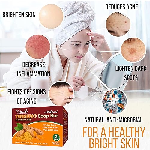 Natural Turmeric Soap Bar for Face & Body ? Turmeric Skin Brightening Soap for Dark Spots, Intimate Areas, Underarms ? Exfoliating Face Wash Reduces Acne, Scars & Cleanses Skin ? 5oz Bath Bar (2 Pack)