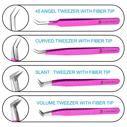 Alishba Beauty Eyelash Extension Tweezers, Precision Fiber Tip Grip Japanese Stainless Steel Profiessional (Set of 4 Eyelash Tweezer) (HOT PINK)