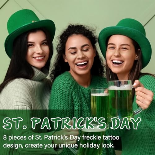 8 Pcs Green Face Glitter Freckles Stickers, St. Patrick's Day Glitter Freckles Face Tattoo, Waterproof, Easy to Apply and Remove, Long-lasting 48h Glitter Makeup for Women and Girls