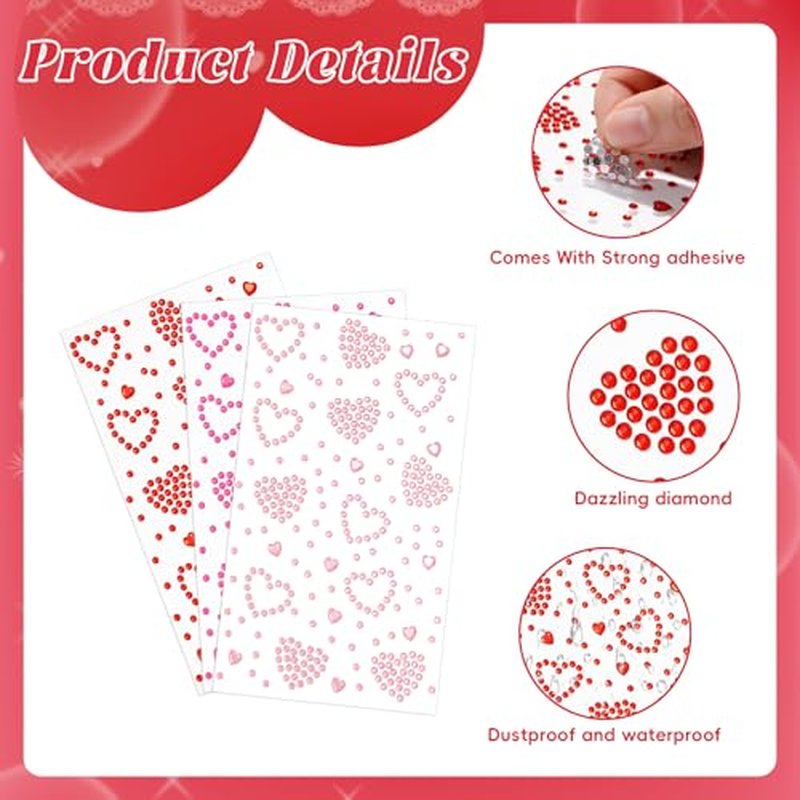 6 PCS Heart Self Adhesive Face Gems Stickers Valentine's Day Rhinestones Face Jewel for Women Festival Heart Accessories Stickers for Craft