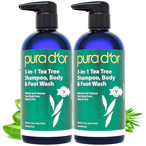 PURA D'OR 3-in-1 Tea Tree Shampoo, Body & Foot Wash, Shampoo (16oz x2 = 32oz) Total Body Care - Foot Odor & Daily Hygiene, Cleansing Routine, Post-Workout Refreshment - Soothes, Invigorates, Nourishes