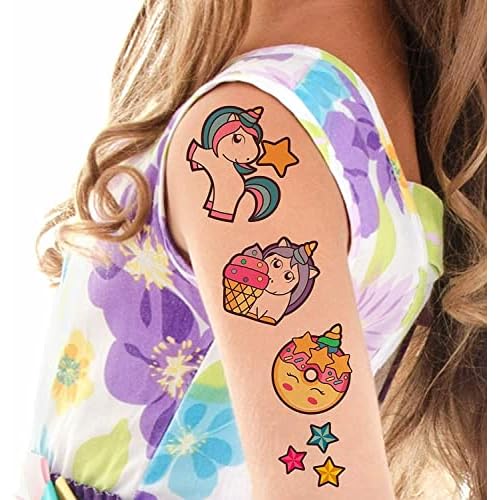 16 x Unicorn Kids Tattoos Temporary for a Party for Girls Age 7-8 Children Fake Transfer Stick on Rainbow Stars Butterfly Unisex Stickers Individual Sheets