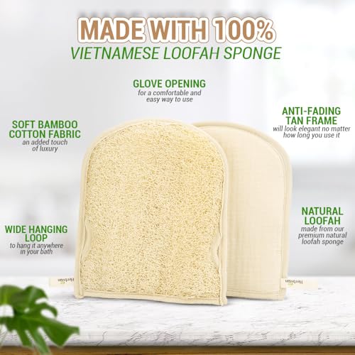 Premium Vietnamese Natural Loofah Gloves ? Exfoliating Body Scrubber Mitts with Thumb Holes, Easy Grip Design, for Men & Women, Shower & Bath (Pack of 2)