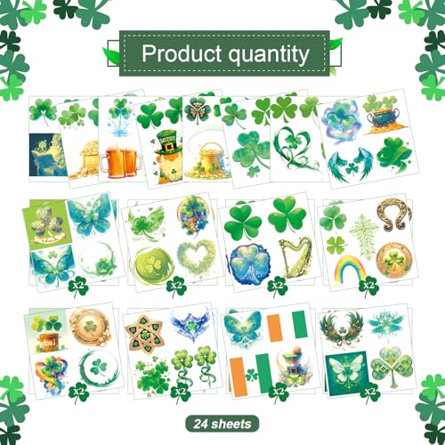 24 Sheets St. Patrick's Day Glitter Shamrock Temporary Tattoos, St Patricks Day Decorations Favors Supplies Waterproof Saint Patrick's Day Accessories Clover Tattoos Irish Party Leprechaun