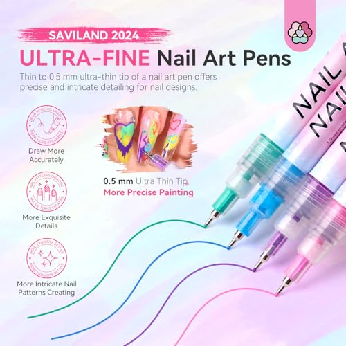 Saviland Nail Art Supplies Kit: 12 Colors 0.5mm Nail Polish Pens for Nail Art & PU Leather Nail Polish Organizer Bag Holds 30 Bottles, Nail Lamp & Manicure Tools
