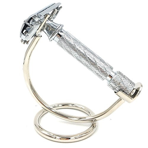 Curved Chrome Razor Stand ? All-Metal Chrome-Plated Holder for Safety Razors with Handle Length 80 mm & Up ? Sleek Finish & Sturdy Design