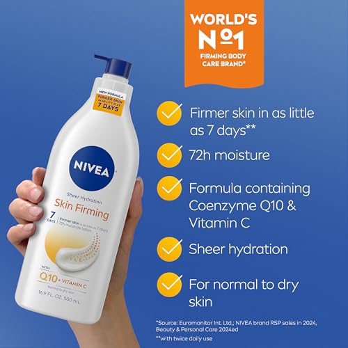 NIVEA Sheer Hydration Skin Firming Body Lotion (16.9 Fl Oz) + Skin Firming & Toning Body Gel Cream with Hyaluronic Acid (6.7 Oz),Enriched with Q10 and Vitamin C,(Pack of 4)