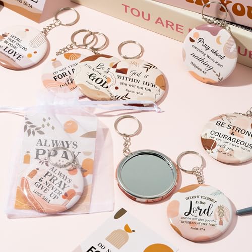 Y1tvei Christian Gifts Mirror Keychains Bulk - 120Pcs Boho Bible Verse Mini Compact Mirrors Inspirational Cards Small Round Portable Pocket Makeup Mirrors for Purse Prayer Church Party Favors Birthday