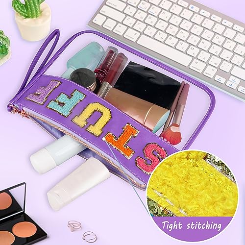 Chenille Letter Clear Bag, Travel Makeup Letter Bag with Zipper, Waterproof Transparent PVC Cosmetic Bag, Cute Snacks Portable Stuff for Women (Purple STUFF)