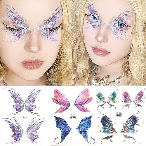 Konsait 12 Sheets Glitter Butterfly Temporary Tattoos for Women Kids Butterfly Face Sticker Glitter Tattoos Temporary for Girl Fairy Eye Makeup for Women Princess Fairy Party Favors