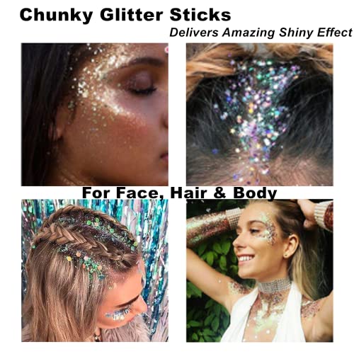 Mysense Green Body Glitter Stick, Mardi Gras Face Hair Glitter, Festival Rave Outfits for Women, St Patricks Day Accessories, Sparkling Mermaid Sequins Chunky Glitter Makeup, 0.56oz