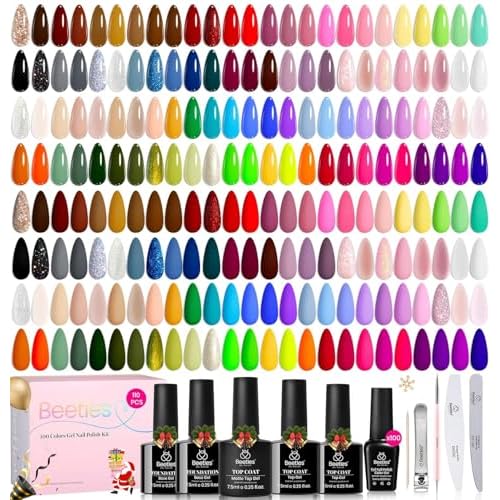 Beetles 110 PCS Gel Nail Polish Set, 100 Colors Infinite Inspiration All Season Red Brown Green Blac with Blooming, Clear Uv Led Blossom for Spreading Effect Marblee