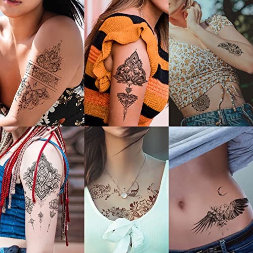 32Sheets Women Temporary Tattoo Sticker,Henna Feather Mandala Datura Flowers Temp Tattoos For Women