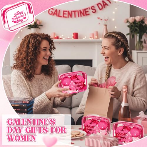 Rtteri 12 Pcs Galentine's Day Gift Bags Hot Pink Clear Makeup Bag with Frame Happy Galentine's Day Makeup Cosmetic Bag Toiletry Storage Purse Bulk for Friends Valentine Party Favors