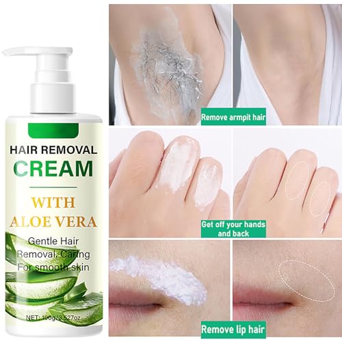 Hair Removal Cream for Men & Women, Aloe Vera Facial Depilatory Cream for Upper Lip, Chin, Arm, Leg, and Bikini, Face Hair Remover for Body Sensitive Skin, Gentle and Soothing 3.52 FL.OZ
