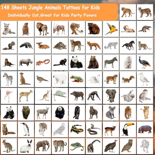 Jungle Animals Temporary Tattoos for Kids Party Supplies - 148 Individually Sheets Safari Animals Tattoos for Boys Girls Birthday Party Supplies